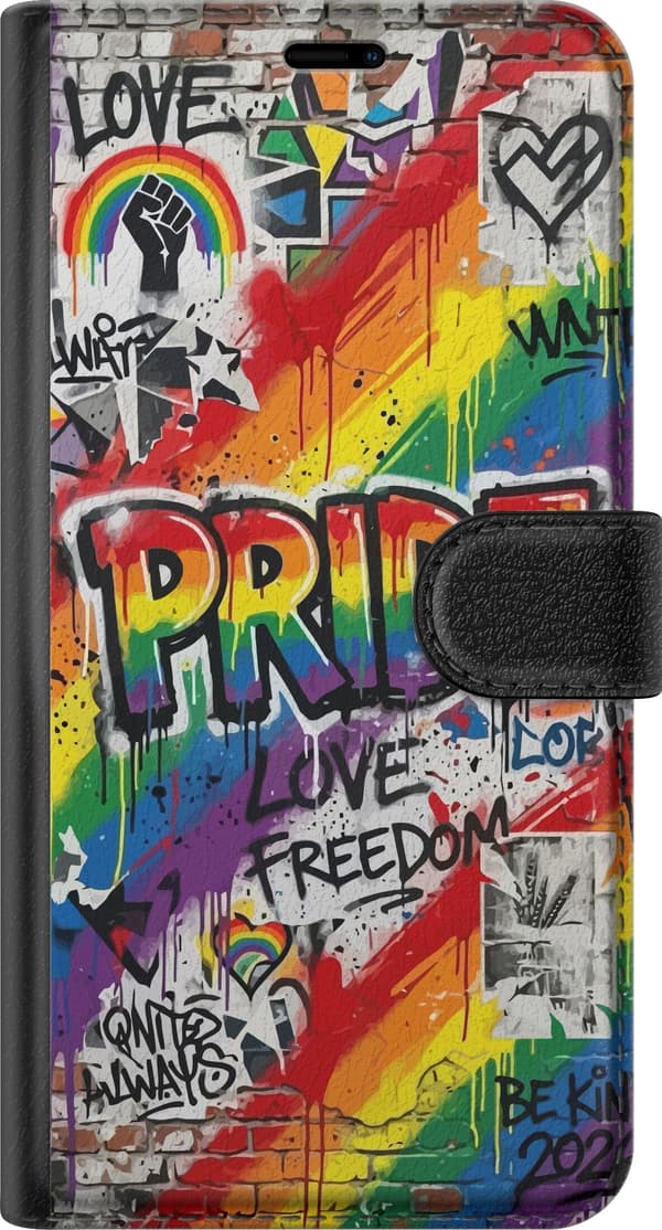 Kompatibel Tegnebogsetui til Apple iPhone X Regnbuestriber, Pride-tekst, hjerter og sort graffiti over en murstensvæg flerfarvet