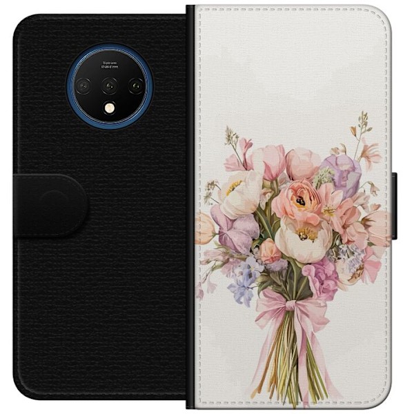 OnePlus 7T Plånboksfodral Mobilskal med färgglad blombukett i romantisk stil