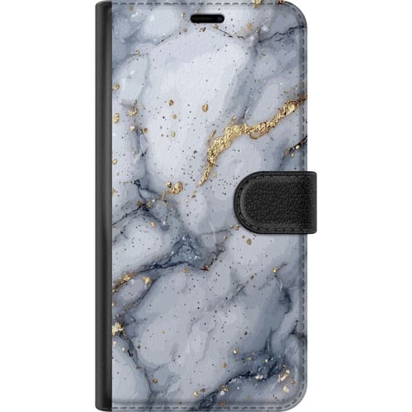 Kompatibelt Lommeboketui til Apple iPhone 16e Hvit og grå marmor med elegante årer, gullsprekker og skimrende detaljer hvit