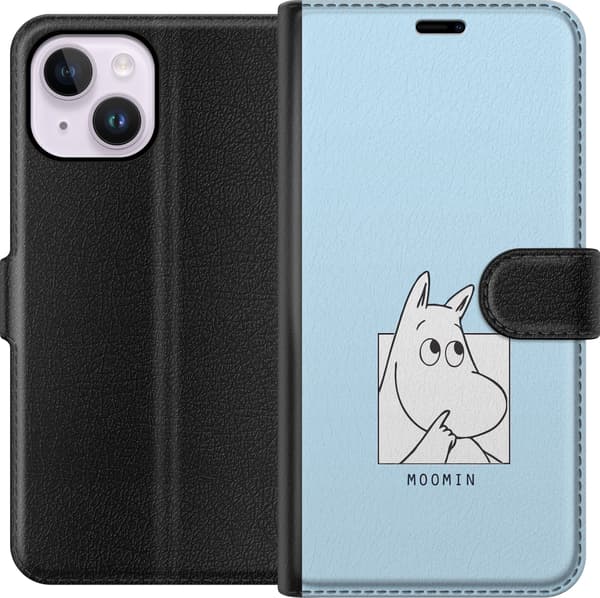 Kompatibel Tegnebogsetui til Apple iPhone 14 Plus Mumitrolden i sort-hvid illustration mod lyseblå baggrund blå