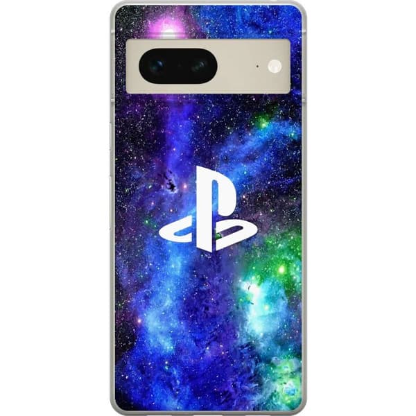 Kompatibelt Mobildeksel til Google Pixel 7 Blå og lilla galaksedesign med stjernehimmel og hvitt gaming-symbol blå