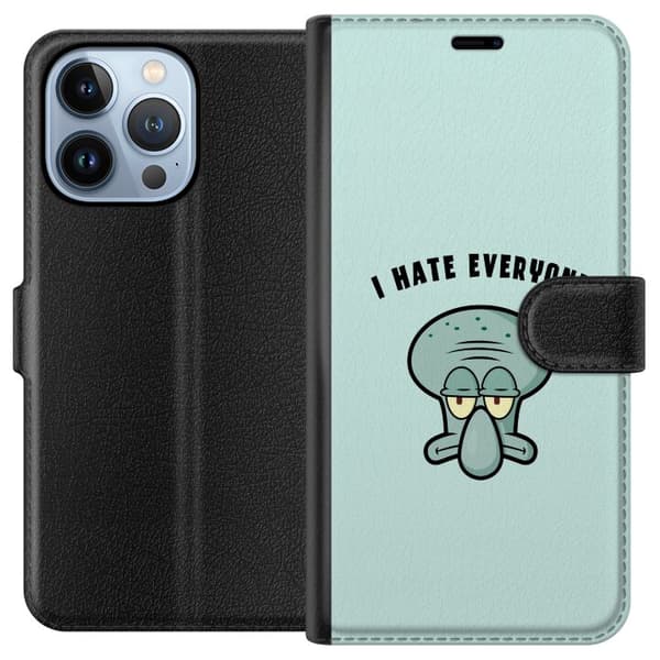 Kompatibel Tegnebogsetui til Apple iPhone 13 Pro Tegnet utilfreds blækspruttefigur med teksten I Hate Everyone på lyse turkis baggrund blå