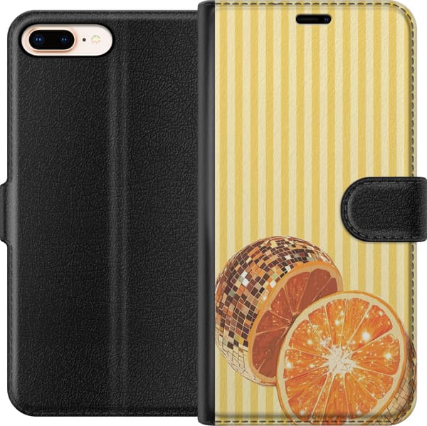 Kompatibel Tegnebogsetui til Apple iPhone 8 Plus Glitrende appelsinskiver og discokugle mod gulstribet retrobaggrund gul