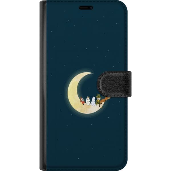 Kompatibelt Plånboksfodral till Google Pixel 7a Mumin och vänner på halvmåne i natthimmel stjärnor drömsk illustration blå