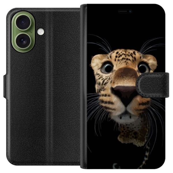 Kompatibel Tegnebogsetui til Apple iPhone 17 Nærbillede af leopard med store øjne mod sort baggrund og en legesyg stemning sort