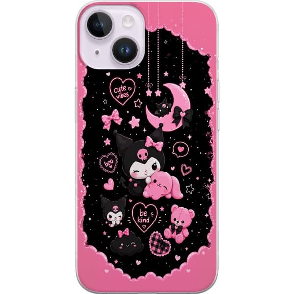 Kompatibel Mobilcover til Apple iPhone 14 Plus Søde lyserøde og sorte gothfigurer med hjerter, måne, stjerner og positiv tekst sort