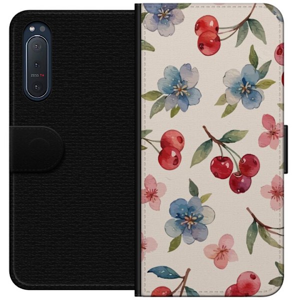 Sony Xperia 5 II Plånboksfodral Bär & Blommor – mönster med blå blommor och skogsbär