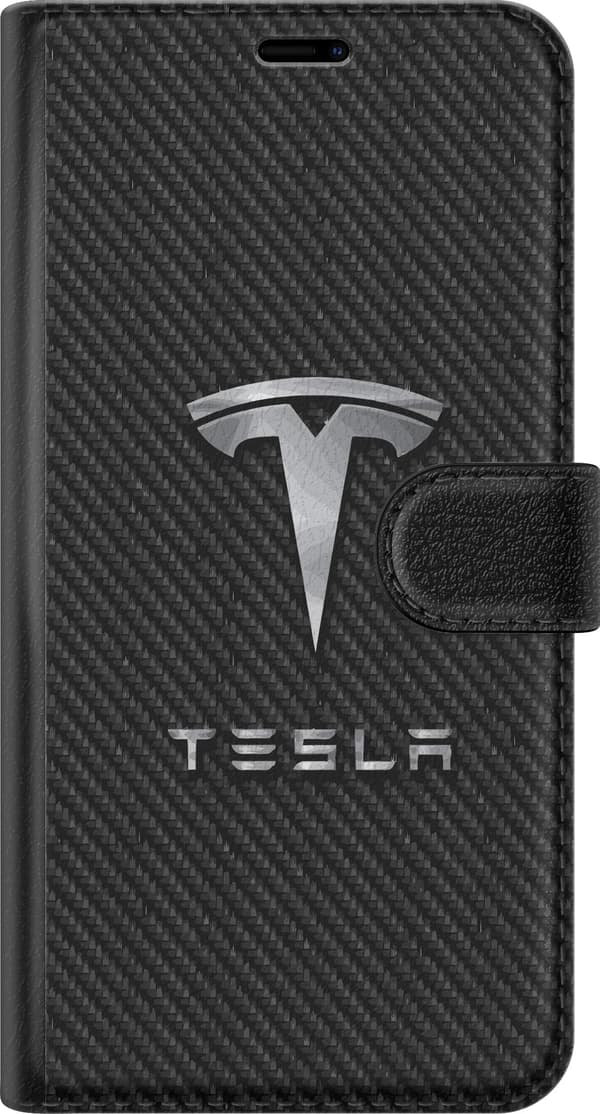 Kompatibel Tegnebogsetui til Apple iPhone 12 Sølvfarvet bilemblem og tekst mod sort kulfibermønster, moderne racingmotiv sort