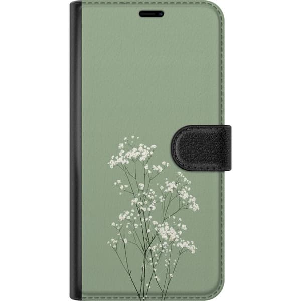 Kompatibel Tegnebogsetui til Apple iPhone 16 Pro Max Små hvide blomster på tynde grønne stilke mod en dæmpet grøn baggrund grøn