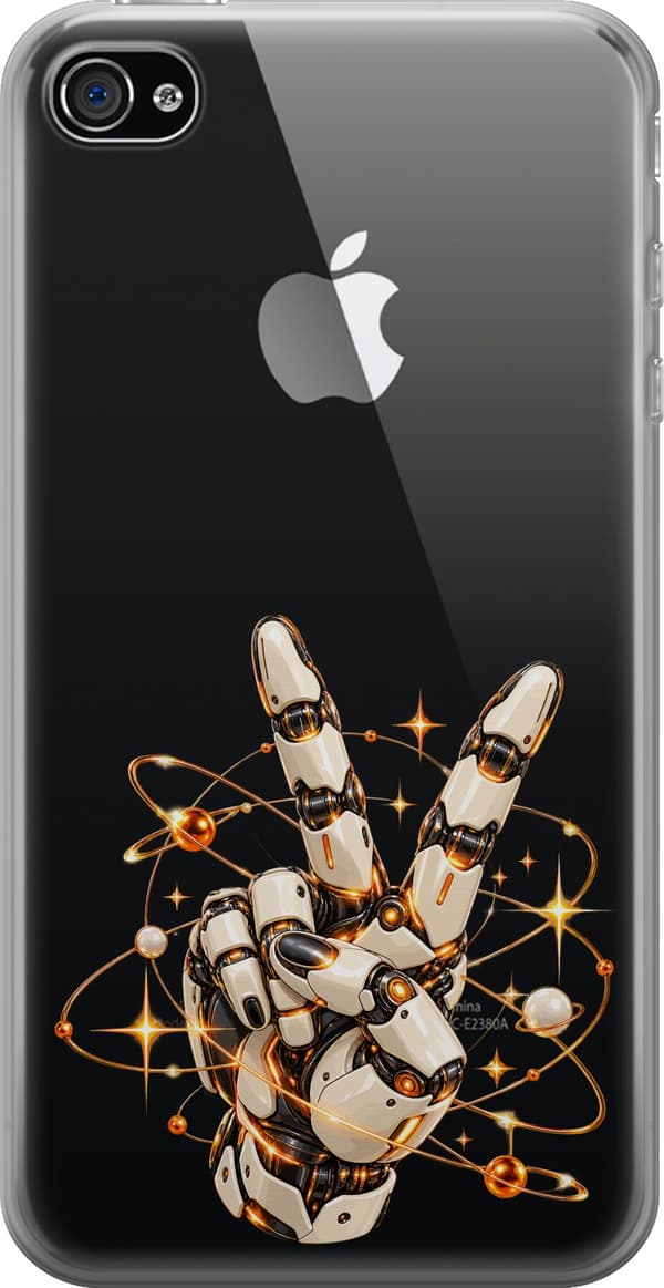 Kompatibelt Mobildeksel til Apple iPhone 4 Lys robothånd med to fingre i V-tegn blant gullfargede ringer og stjerner gull