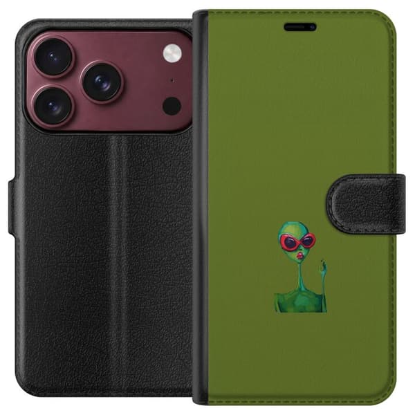 Kompatibel Tegnebogsetui til Apple iPhone 18 Pro Max Grøn alien med store røde solbriller og lyserøde læber mod ensfarvet olivengrøn baggrund grøn