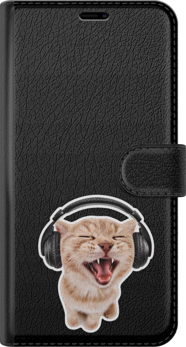 Kompatibel Tegnebogsetui til Google Pixel 9 Hovedtelefonkat - Brunt motiv med kat med sorte hovedtelefoner. brun