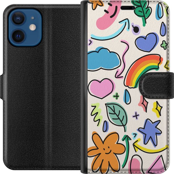 Kompatibel Tegnebogsetui til Apple iPhone 12 mini Farverigt doodlemotiv med hjerter, stjerner, blade, regnbue, skyer og pile, perfekt til dig, der el