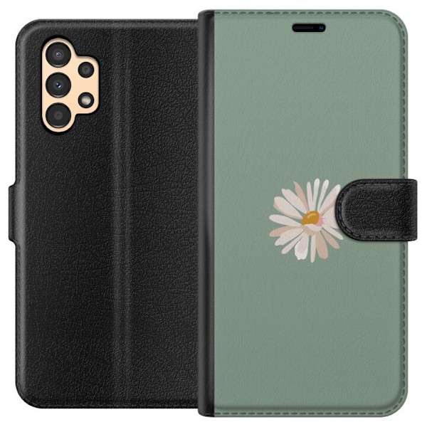 Samsung Galaxy A13 Plånboksfodral Grön Minimalblomma – stilren blomma på grön bakgrund