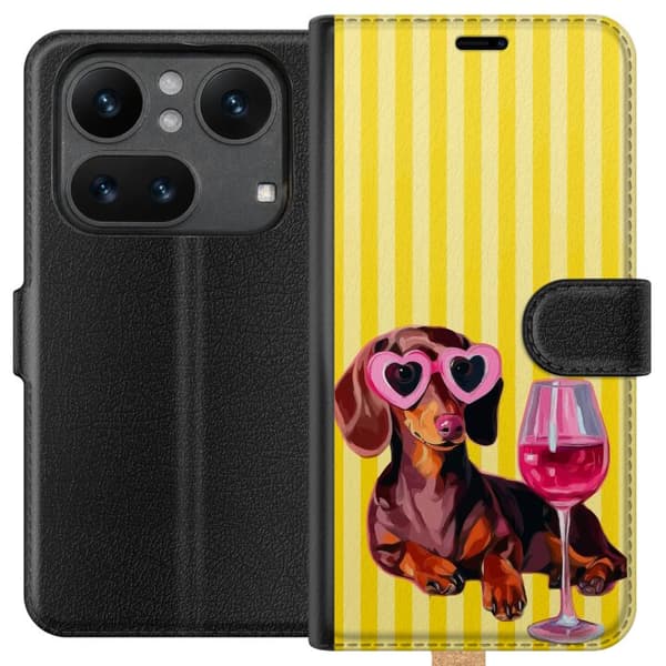 Kompatibel Tegnebogsetui til Nothing Phone (4a) Charmerende gravhund med lyserøde hjerteformede solbriller og lyserøde glas foran gulstribet baggrund gul