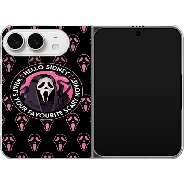 Kompatibel Mobilcover til Apple iPhone Duo Sort og rosa skrækmotiv med maskerede figurer og teksten Hello Sidney sort