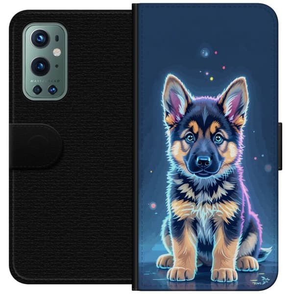 Kompatibelt Lommeboketui til OnePlus 9 Pro Neonlyst schäfervalp med blå og lilla lys-effekter blå