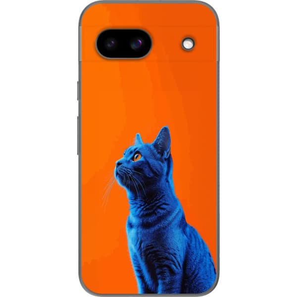 Kompatibelt Mobildeksel til Google Pixel 8a Blå katt med oransje bakgrunn i moderne popkunststil blå