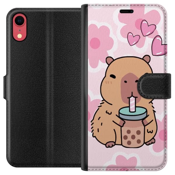 Kompatibel Tegnebogsetui til Apple iPhone XR Sød kapybara, der drikker bubble tea med hjerter og lyserød blomsterbaggrund. pink