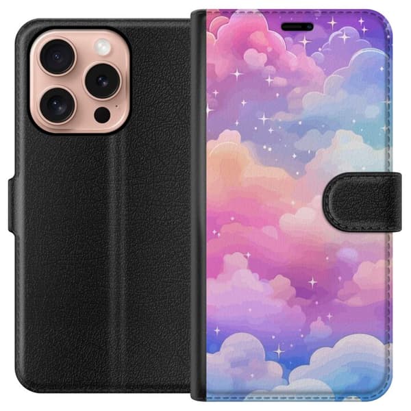 Kompatibel Tegnebogsetui til Apple iPhone 16 Pro Magisk motiv med bløde skyer og glitrende stjerner i pastelfarver pink