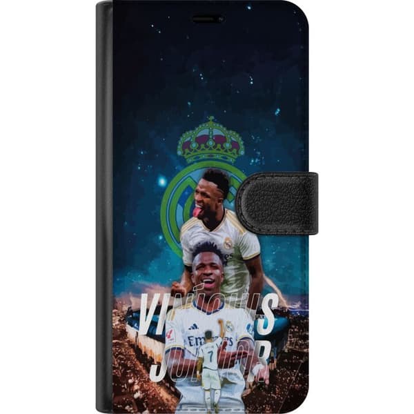 Kompatibel Tegnebogsetui til Apple iPhone 16 Pro Vinícius Júnior under stjernehimmel - fodboldcollage på mørkeblå baggrund blå