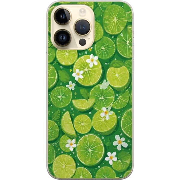 Kompatibelt Mobildeksel til Apple iPhone 14 Pro Max Sommerlig mønster med limefrukter og hvite blomster grønn