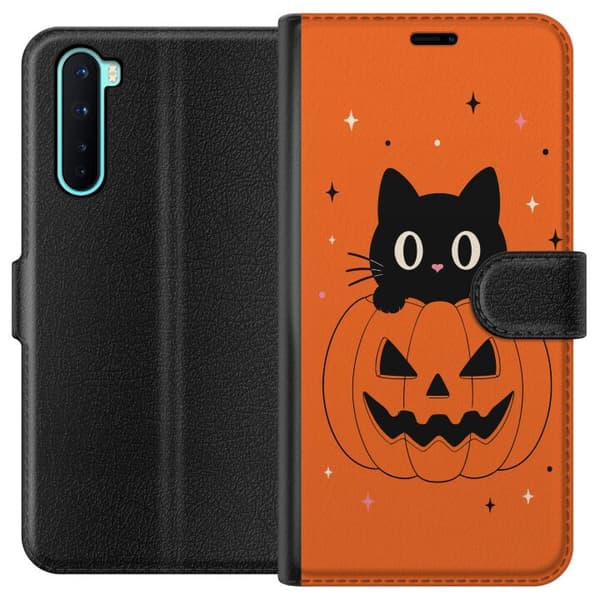 Kompatibel Tegnebogsetui til OnePlus Nord Sort kat og halloween-græskar med stjerner på orange baggrund orange