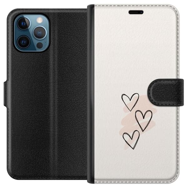 Kompatibel Tegnebogsetui til Apple iPhone 12 Pro Tre håndtegnede sorte hjerter med lyserøde penselstrøg på lys baggrund, romantisk motiv beige