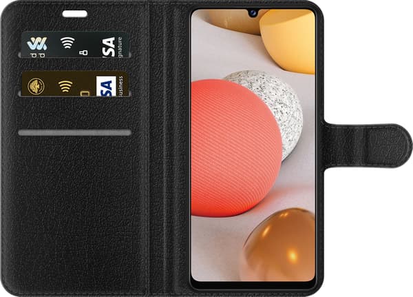 Kompatibel Tegnebogsetui til Samsung Galaxy A42 5G Audi – Sølvfarvede ringe – Fire sølvfarvede ringe over grå og sorte diagonale linjer på grå baggru grå
