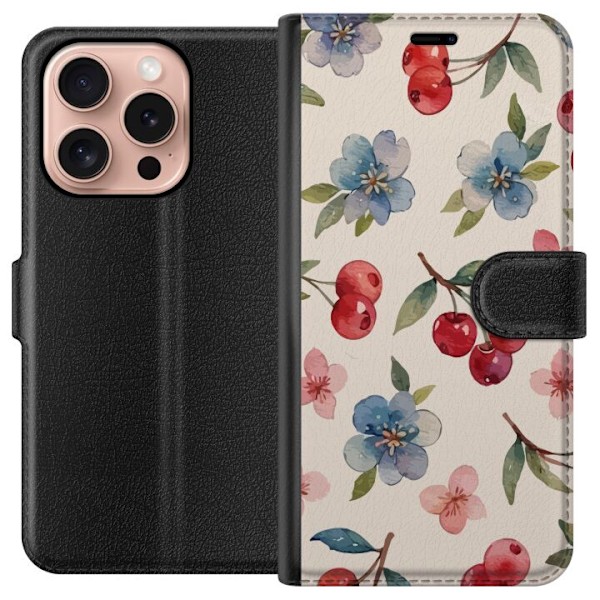 Apple iPhone 16 Pro Tegnebogsetui Bær & Blomster - mønster m