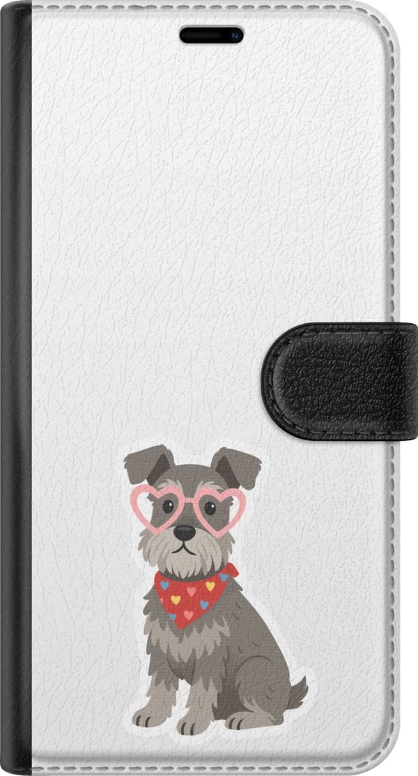Kompatibel Tegnebogsetui til OnePlus Nord CE6 Hjertebrillehund - Gråt motiv med schnauzer med lyserøde hjertebriller. grå