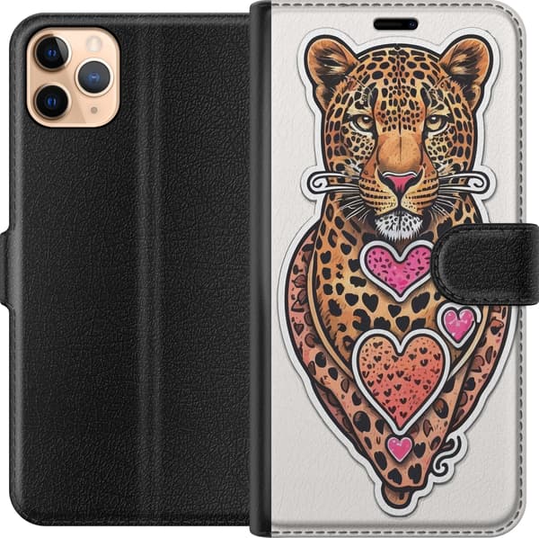 Kompatibel Tegnebogsetui til Apple iPhone 11 Pro Max Illustreret leopard med lyserøde og orange hjerter, sorte pletter og dekorative detaljer orange