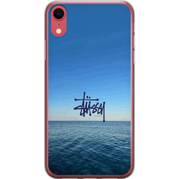 Kompatibelt Mobildeksel til Apple iPhone XR Havspanorama med blå himmel og stilig surf-inspirert logo blå