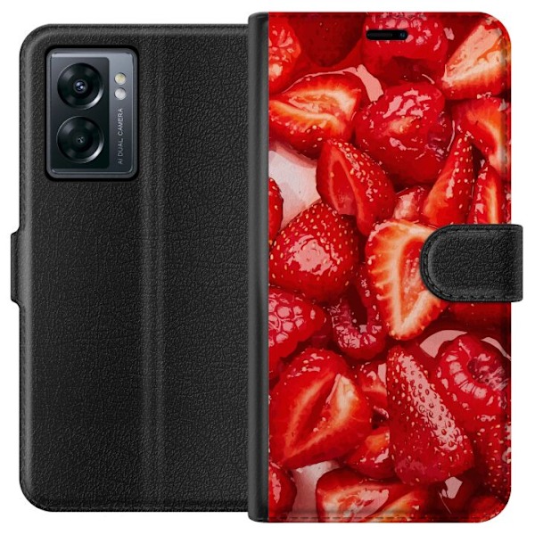 OnePlus Nord N300 Lompakkokotelo Mansikkakuviointi - makea mot