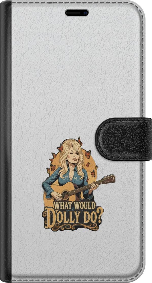 Kompatibel Tegnebogsetui til Apple iPhone 12 Pro Max Dolly Parton illustreret med guitar, sommerfugle og teksten What Would Dolly Do i retro-westerns grå