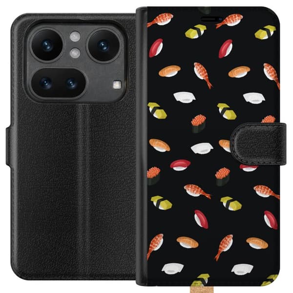 Kompatibel Tegnebogsetui til Nothing Phone (4a) Mønster med sushi, nigiri, rejer og rogn mod sort baggrund sort