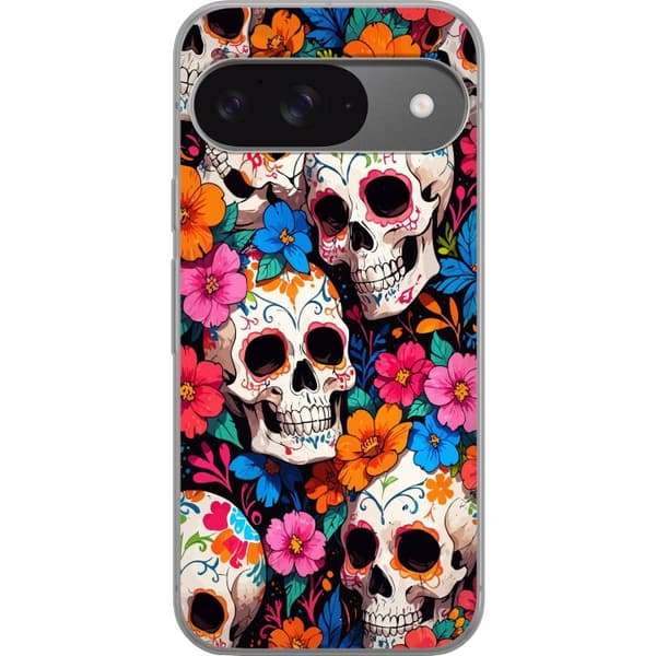 Kompatibelt Mobilskal till Google Pixel 9 Pro Sugar Skull Pattern med Färgglada Blommor Mexikansk Stil
