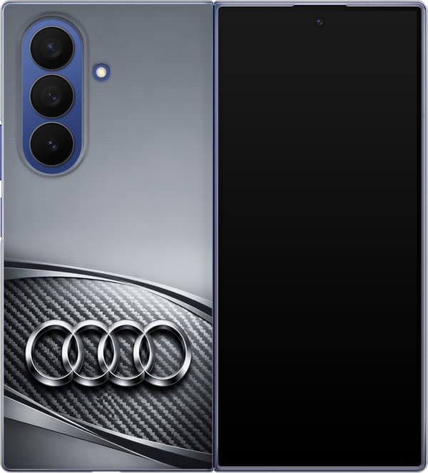 Kompatibel Mobilcover til Samsung Galaxy Z Fold7 Audi – Sølvfarvede ringe – Fire sølvfarvede ringe over grå og sorte diagonale linjer på grå baggrund grå