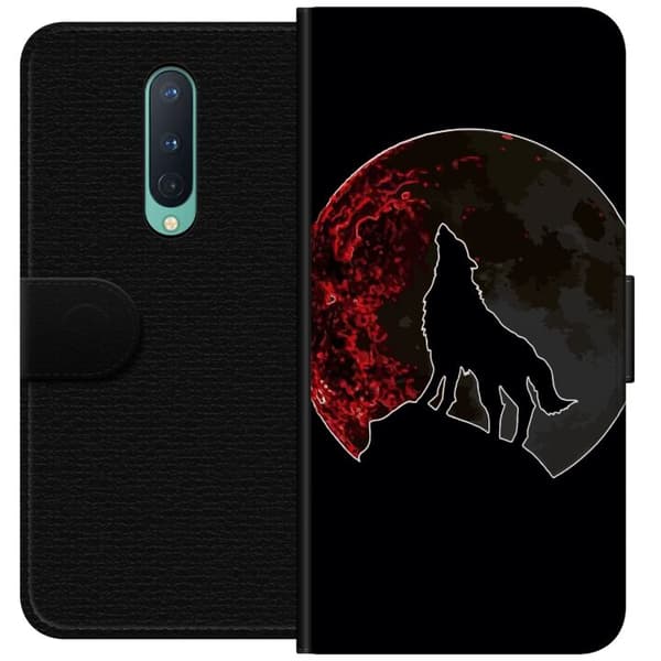 Kompatibel Tegnebogsetui til OnePlus 8 Sort silhuet af en hylende ulv foran en dramatisk rød måne mod sort baggrund sort