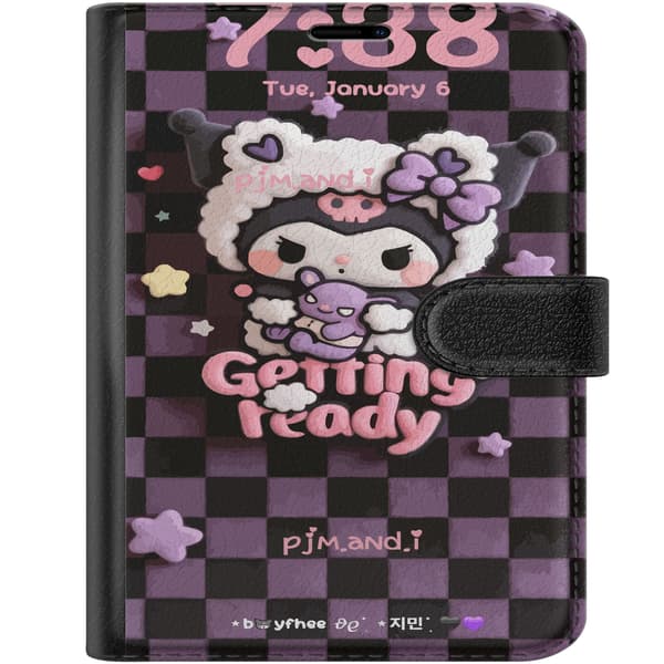 Kompatibel Tegnebogsetui til Apple iPhone Duo Kuromi med lyserød ”Getting Ready”-tekst, hjerter og lilla tern lilla