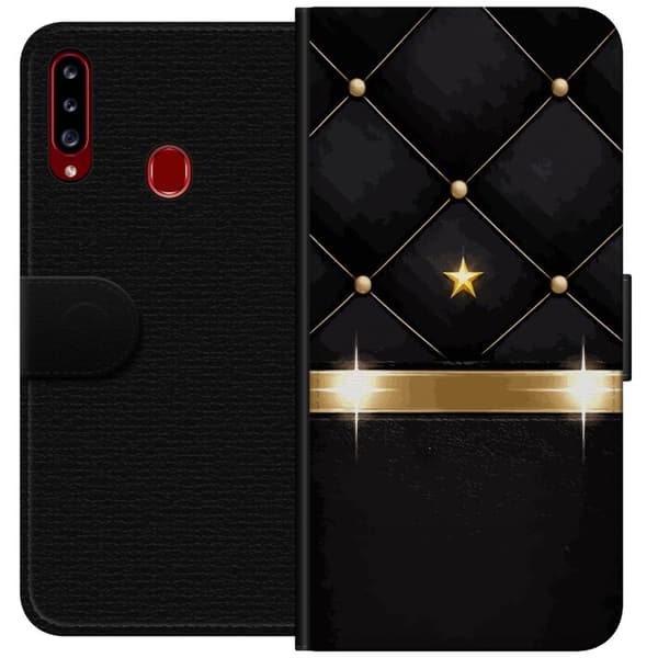 Kompatibel Tegnebogsetui til Samsung Galaxy A20s Sort quiltet baggrund med guldstjerne