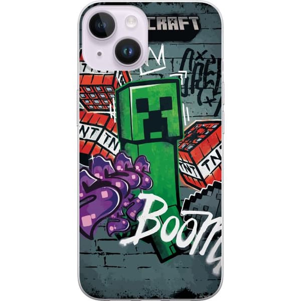 Kompatibelt Mobildeksel til Apple iPhone 15 Plus Grønn blokkfigur med dynamitt, graffitidetaljer og mørk urban bakgrunn grønn