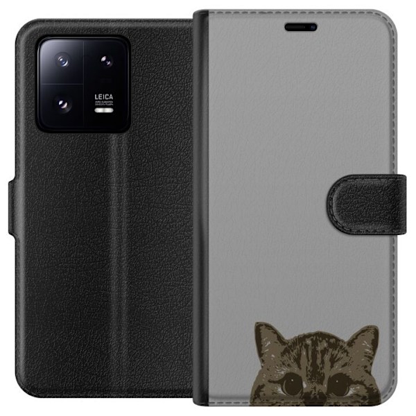 Xiaomi 13 Pro Tegnebogsetui Grå Katteblik - stilfuld kat design med grå baggrund