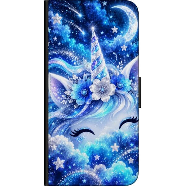 Kompatibel Tegnebogsetui til Huawei P40 lite E Stjernehorn – Enhjørningsansigt og blomster i blå nuancer. Et dekorativt motiv med tydelige former og blå