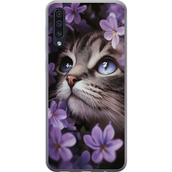 Samsung Galaxy A50 Genomskinligt Skal Kat och blommor