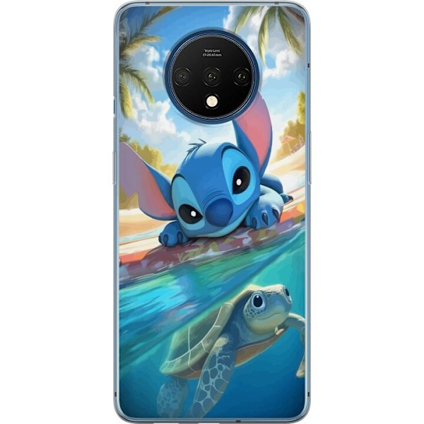 OnePlus 7T Gennemsigtig cover Stitch med skildpadde - sød blå alien i tropisk strandmiljø fra Disney
