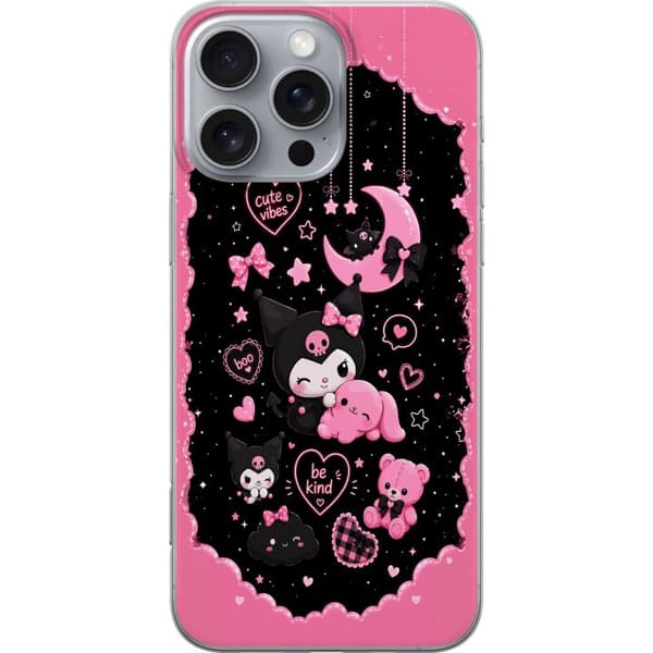 Kompatibel Mobilcover til Apple iPhone 16 Pro Max Søde lyserøde og sorte gothfigurer med hjerter, måne, stjerner og positiv tekst sort