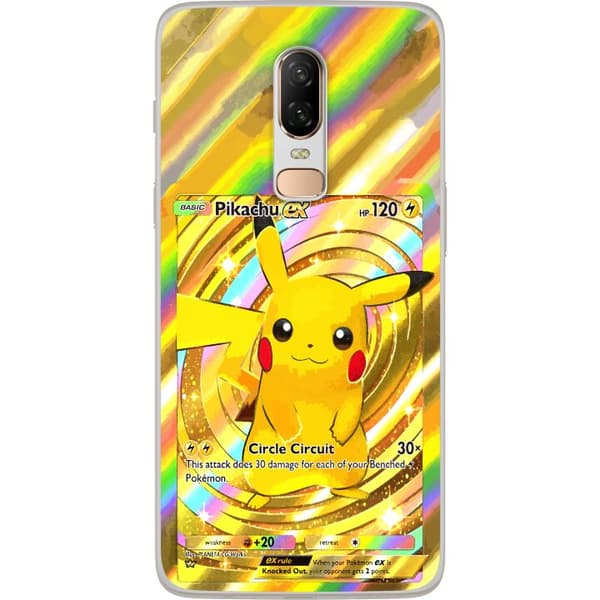 Kompatibelt Mobildeksel til OnePlus 6 Gullig Pikachu EX samlebilde med regnbueeffekter gull