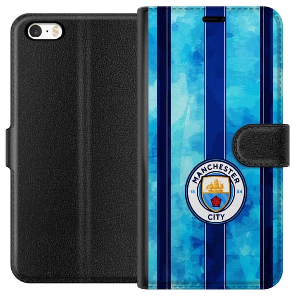 Kompatibel Tegnebogsetui til Apple iPhone 5s Stort cirkelformet fodboldemblem mod lyseblå og mørkeblå lodrette striber med subtil tekstur blå
