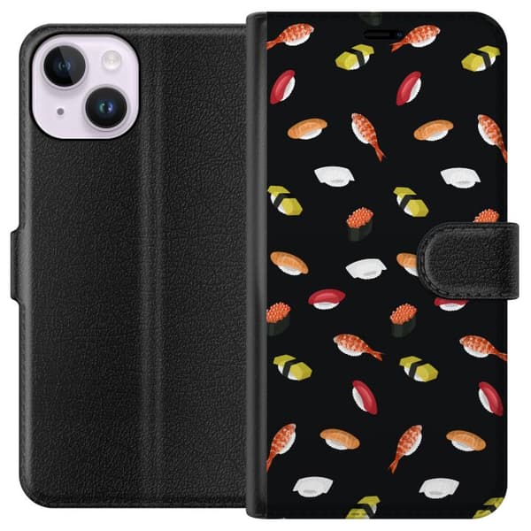 Kompatibel Tegnebogsetui til Apple iPhone 14 Mønster med sushi, nigiri, rejer og rogn mod sort baggrund sort